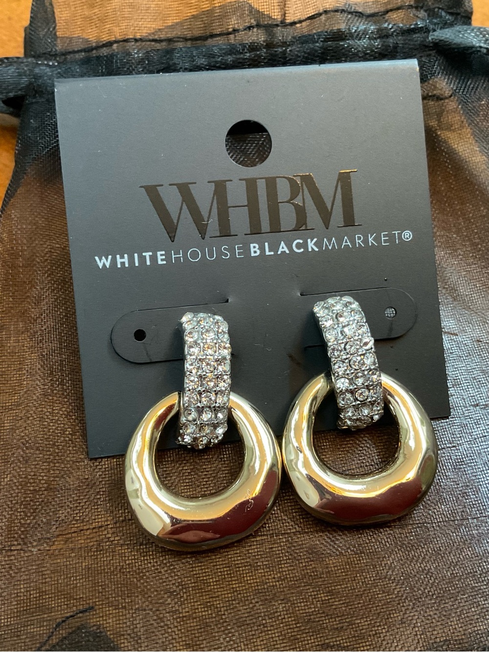 White House Black Market Gold Hoop Earrings with Crystal NWT
